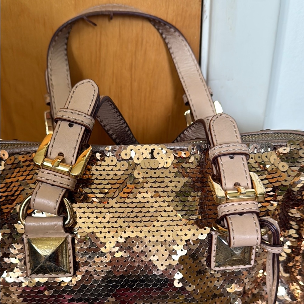 Michael Kors Gold Tan Satchel with Sequined Design - Picture 3 of 12